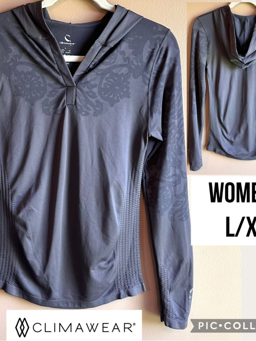 Climawear Womens Hoodie Gray Floral Damask Seamless V-Neck Athletic Size L/XL